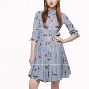 Betsey Johnson Tie Waist Shirt Dress Stripes Floral Embroidery